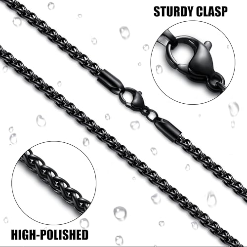 Fiusem Black Wheat Chains for Men and Women, 2/2.5/3/4/5mm Stainless Steel Necklace Chain, Mens Necklace Jewelry Gift 16-28 Inch - size: 20 Inches, style: Black 3MM