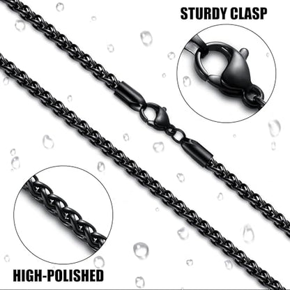 Fiusem Black Wheat Chains for Men and Women, 2/2.5/3/4/5mm Stainless Steel Necklace Chain, Mens Necklace Jewelry Gift 16-28 Inch - size: 20 Inches, style: Black 3MM