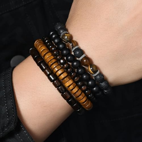 Long tiantian Beaded Bracelets for Men Wooden Bead Bracelets Stackable Layered Stretch Bracelet Trendy Wooden Jewelry Gift for Men - color: D-Bead Bracelets