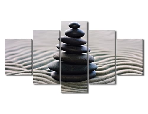 TUMOVO Zen Stone Paintings Pictures 5 Panels Canvas Wall Art for Living Room Stacked Zen Stones Sand Artwork Contemporary Home Decor Giclee Framed Ready to Hang Posters and Prints, 60" Wx32 H - color: Artwork-05, size: 60"Wx32"H