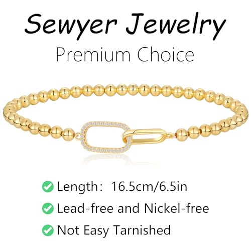 Gold Bracelets for Women, Cute 14K Gold/Silver Plated Stretch Beaded Bracelets for Women Trendy Stackable Charm Bracelet Dainty Adjustable Waterproof Non Tarnish Jewelry Gifts for Her - color: square