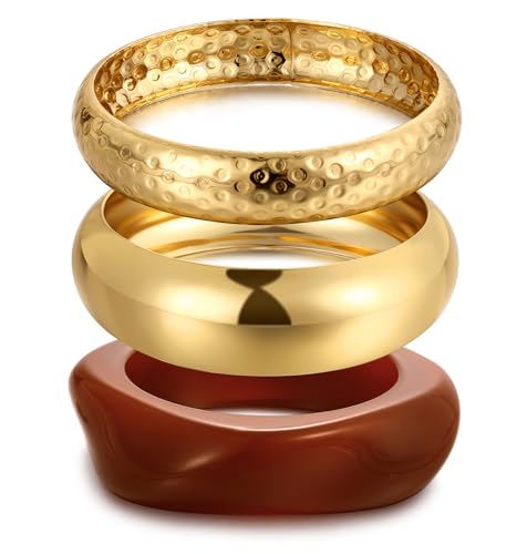 Chunky Gold Bangle Bracelets for Women, Dainty 14k Gold Plated Big Stackable Bangles Set, Trendy Statement Cuff Bracelet Stack Fashion Jewelry Gifts - style: Gold & acrylic bangles