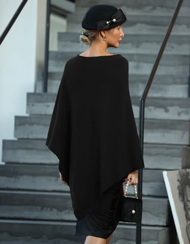 PULI Women's Versatile Knitted Shawls Scarf Poncho Sweater with Buttons Lightweight Spring Summer Fall Wraps - color: Round Neck-black