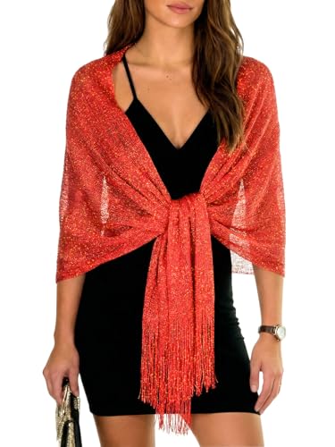 Sumolux Shawls Wraps for Evening Dresses Metallic Glitter Shawls Scarf for Women Sparkling Wedding with Free Buckle - color: Red