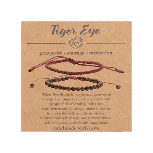 Natural Stone Healing Bracelet Tibetan Braided Style with Adjustable Rope String & Protective Energy Jewelry Gift for Womens & Men - color: Tiger Eye - Brown
