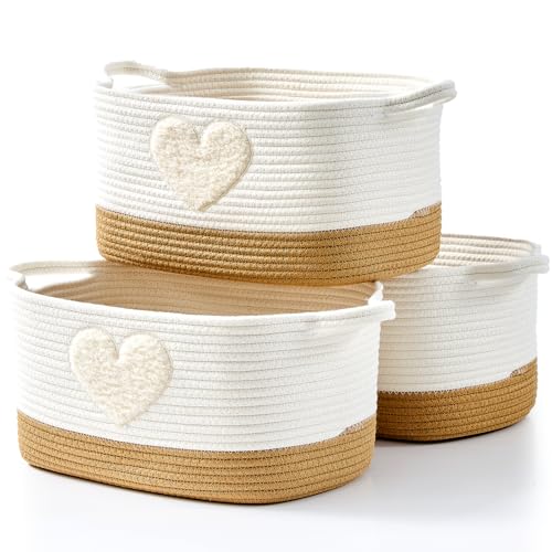 Woven Baskets, 3-Pack Storage Basket for Living Room, Bedroom, Nursery, Stylish Gift Basket with Handles, Cotton Rope Basket for Toys and Shelves, Multi-Purpose Organizer, Heart - color: Heart