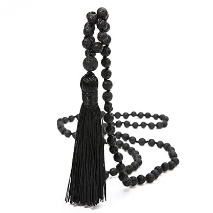 6MM Mala Beads Necklace Natural Amazonite Stone Meditation Statement Necklace Japa Yoga Rosary Prayer Charm Beaded Tassel Necklace - style: Natural Lava