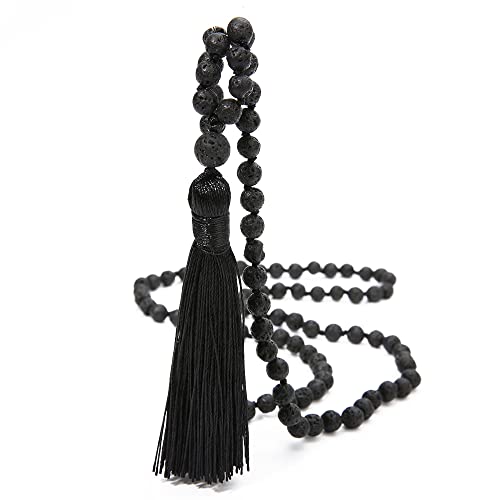 6MM Mala Beads Necklace Natural Amazonite Stone Meditation Statement Necklace Japa Yoga Rosary Prayer Charm Beaded Tassel Necklace - style: Natural Lava
