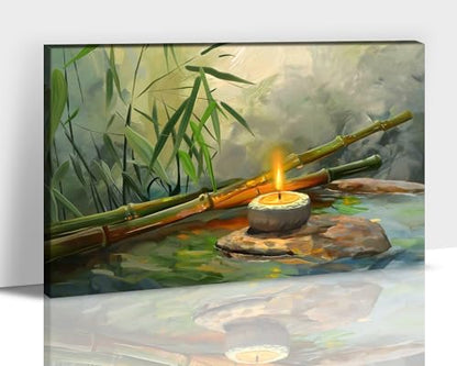 Zen Wall Art, Zen Stone Canvas Art Prints for Meditation Office Decor, Modern Green Bamboo Pictures Spiritual Wall Decor, Calming Water Painting Framed Artwork for Yoga Spa Decorations 12x18 Inches