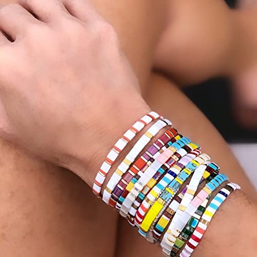 Summer Candy Colors Tila Flat Seed Beads Stretch Strand Bracelet for Women- Trendy Unique Friendship Handmade Mixed Colorful Square Beaded Link Bracelets Stackable Jewelry Gifts - color: 0080D