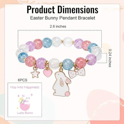 6PCS Easter Bracelets Easter Basket Stuffers Colorful Beaded Stretch Bracelet with Lucky Bunny Charm Spring Holiday Gifts for Women Party Favors Celebration Accessories