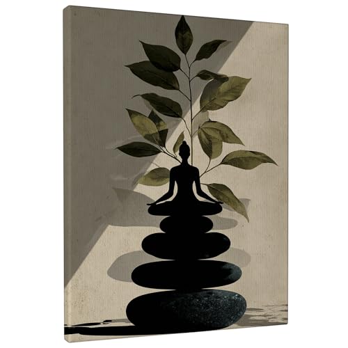 Zen Buddha Stones Wall Art, Green Black Meditative Decor, Minimalistic Home Aesthetic for Living Room, Bedroom, Spa, Wrapped Canvas 16x20 Inch - size: 16x20 Inch