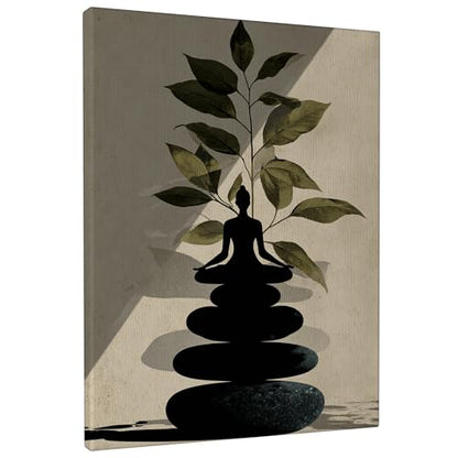 Zen Buddha Stones Wall Art, Green Black Meditative Decor, Minimalistic Home Aesthetic for Living Room, Bedroom, Spa, Wrapped Canvas 16x20 Inch - size: 16x20 Inch