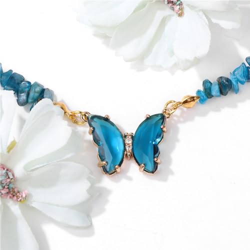 Bohemian Crystal Butterfly Necklaces Stress Relief Anxiety Yoga Pendant,Healing Natural Stone Mantra Choker for Women Teen Girls Friendship Birthday Mothers Day Gift Summer Beach Jewelry - color: Turquoise