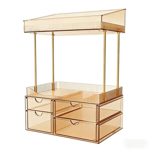 SNSLXH 4 Drawers Makeup Organizer - 4 Tier Makeup Storage, Cosmetics Organiser, Ideal for Cosmetic, 4 Dividers with Drawers for Countertop, Bathroom, Office Supplies, Dresser Transparent Tawny - color: Tawny
