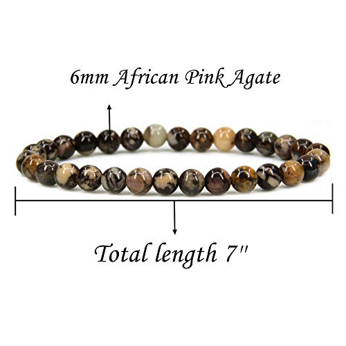 Angelstones Handmade Natural Healing Gemstone 6mm Round Beads Stretch Crystal Bracelet 7 Inch Unisex - color: African Pink Agate