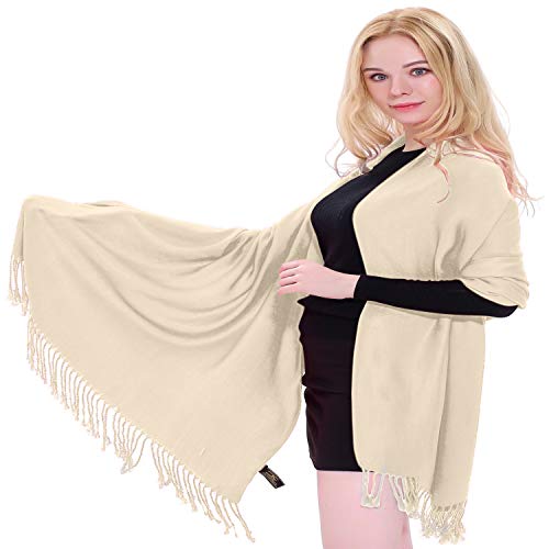 CJ Apparel Solid Color Tassels Design Nepalese Shawl Scarf Wrap Stole Throw Head Wrap Pashmina Gift Hand Made in Nepal New - color: Champagne