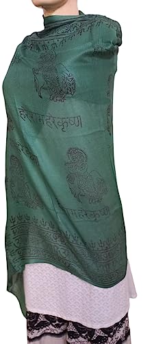 KVR Hindu Pooja Religious Cotton Indian prayer scarf with OM Krishna Ganesha Shiva Nataraja yoga spiritual auspicious prints - color: Green-krishna