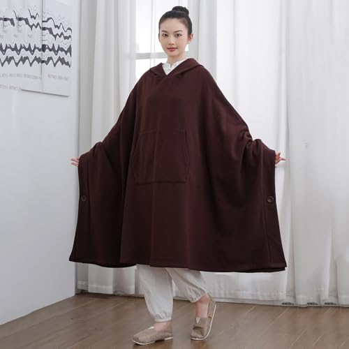 Unisex Meditation Buddhist Hooded Cloak Thickened Warm Loose Coat - color: Coffee, size: X-Large