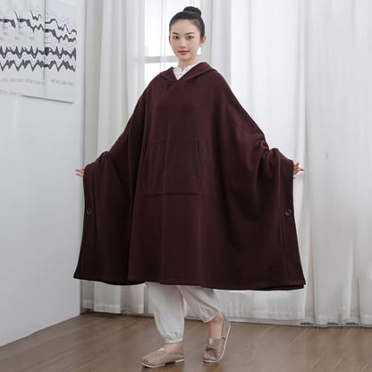 Unisex Meditation Buddhist Hooded Cloak Thickened Warm Loose Coat - color: Coffee, size: X-Large