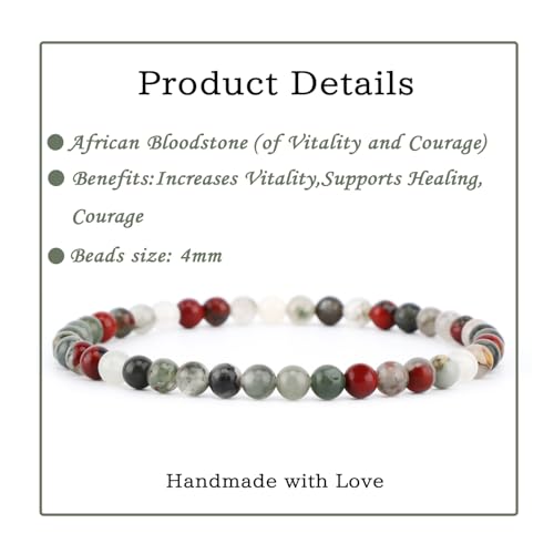 Bymitel Handmade Reiki Gemstone Stretch Bracelet, 4/6/8mm Natural Beauty & Spiritual Essence, Crystal Healing for Unisex Adults - color: African Bloodstone（ Stone of Vitality and Courage ）, size: 4mm