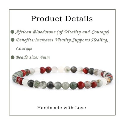 Bymitel Handmade Reiki Gemstone Stretch Bracelet, 4/6/8mm Natural Beauty & Spiritual Essence, Crystal Healing for Unisex Adults - color: African Bloodstone（ Stone of Vitality and Courage ）, size: 4mm
