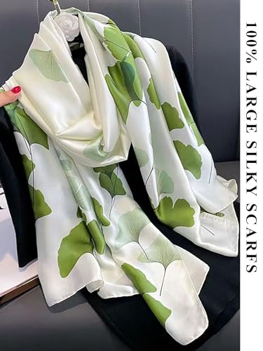 Large Shawl Scarf For Women Lightweight Wraps Silky Headscarf Long Sunscreen Scarfs - color: T30 Green Ginkgo Leaves / 70"x 35"