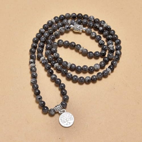 Tree of Life Charm Bracelet or Necklace - 108 Buddha Beads, Handmade Mala Meditation Jewelry, Prayer Beads for Yoga - style: Labradorite