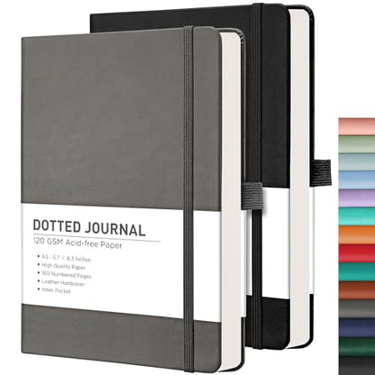 RETTACY Dotted Journal Notebook, 2-Pack, 160 Numbered Pages per Pack, A5 Medium Size (5.7'' x 8.3''), 120 GSM Thick Paper, Leather Hardcover, for Journaling, Planning, Tracking (Black & Gray) - color: Black & Gray, style: Dotted