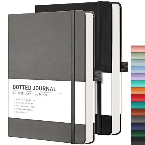 RETTACY Dotted Journal Notebook, 2-Pack, 160 Numbered Pages per Pack, A5 Medium Size (5.7'' x 8.3''), 120 GSM Thick Paper, Leather Hardcover, for Journaling, Planning, Tracking (Black & Gray) - color: Black & Gray, style: Dotted