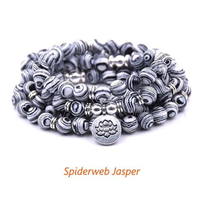 108 Mala Beads Bracelet Necklace - Gemstone Prayer Beads with Lotus Charm for Meditation & Yoga - style: Spiderweb Jasper