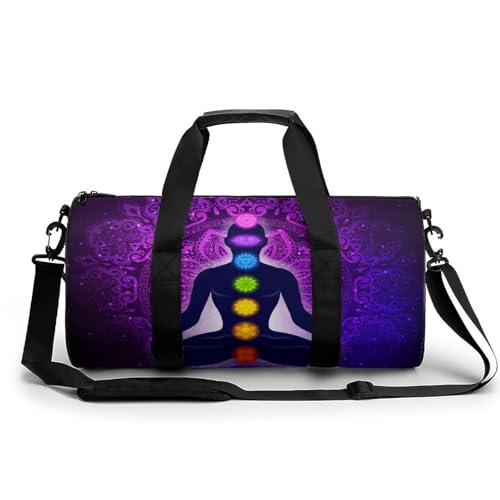 Seven Chakra Yoga Meditation Lotus Purple Mandala Cylindrical Portable Fitness Bag, Large Capacity Handbag - color: Seven Chakra Yoga Meditation lotus purple man