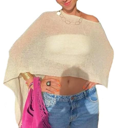 Women Sheer Poncho Top Knit Crochet Lightweight See Through Shawl Summer Shrug Beach Cover Up - color: A1 Light Yellow