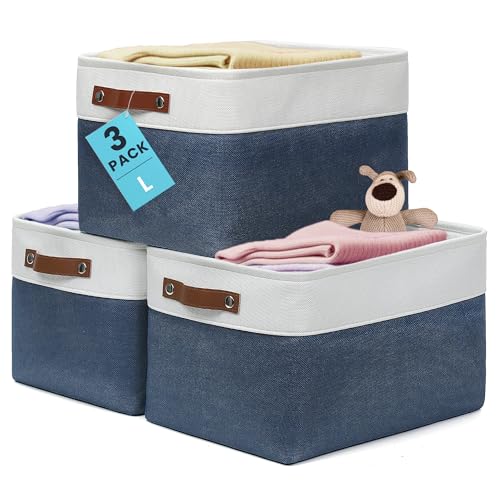 OrganiHaus 15x11in Canvas Storage Baskets 3 Pack | LARGE Fabric Bins for Shelves | Closet & Bedroom Storage | Navy Blue/Off-White - color: Navy Blue / Off-White, size: Large - 3pc