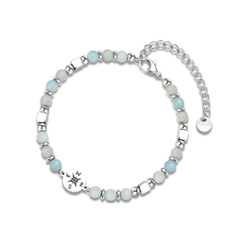 Healing Beads Bracelets for Women Men, Adjustable Natural Stone Beaded Bracelet Stackable Chain Stretch Jewelry Gifts - color: Compass- Light Green