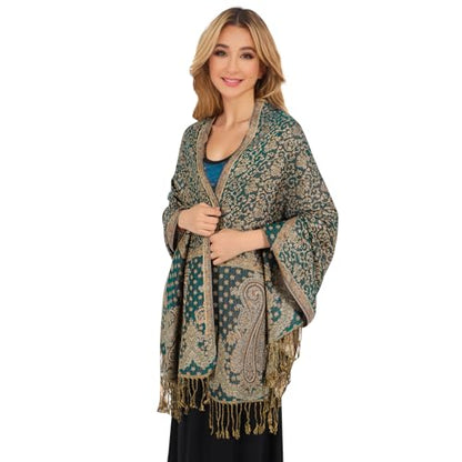 MUQU Women Pashmina Shawls and Wraps Scarf Soft Silky Reversible Paisley Scarves Shawl for Women - color: Green+orange