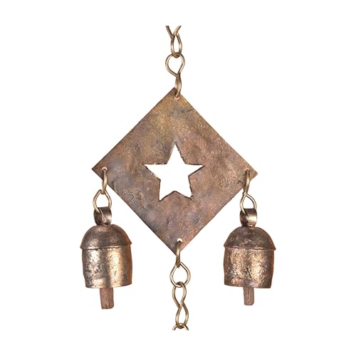 Rustic Metal Wind Chime – Triple Diamond Star Cutouts with Bells – Bronze Outdoor Garden Decor – Wind Chimes for Outside, Porch, Yard, Balcony, Memorial or Garden Gift 19 x 4.5 Inch
