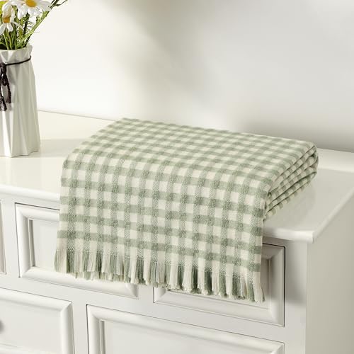 CREVENT Farmhouse Boho Knitted Throw Blanket for Couch Sofa Chair Bed Home Decoration, Soft Warm Cozy Light Weight for Spring Summer Fall (50''X60'' Plaid Green)