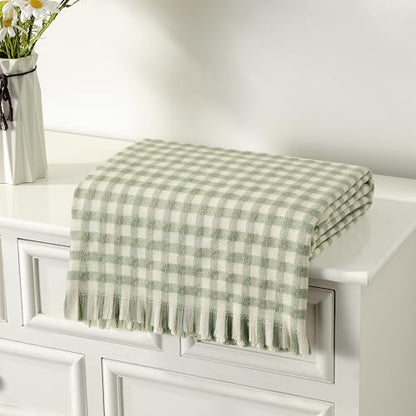 CREVENT Farmhouse Boho Knitted Throw Blanket for Couch Sofa Chair Bed Home Decoration, Soft Warm Cozy Light Weight for Spring Summer Fall (50''X60'' Plaid Green)