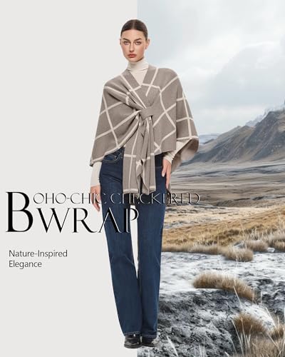 PULI Women's Elegant Shawl Wraps Soft Open Front Poncho Sweater for Spring Fall Winter - color: Classic Check-oatmeal and Barley Twist