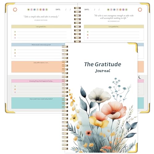 The Gratitude Journal for Women & Men, Hardcover Spiral 5 Minute Daily Gratitude Journal for More Happiness, Optimism, Affirmation & Reflection with Prompts & Quotes, Undated Daily Journals(93 pages / 3 months supply) Gifts - color: White-Flower