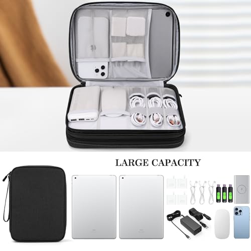 FYY Electronic Organizer, Extra Large Travel Cable Organizer Bag Pouch Portable Waterproof Double Layers All-in-One Storage Bag for iPad, Cable, Power Bank, Laptop Charger for Office/Home, Black