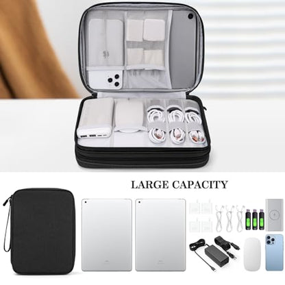 FYY Electronic Organizer, Extra Large Travel Cable Organizer Bag Pouch Portable Waterproof Double Layers All-in-One Storage Bag for iPad, Cable, Power Bank, Laptop Charger for Office/Home, Black