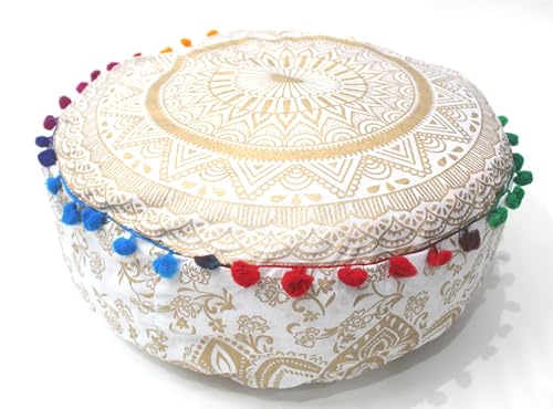CRAFT KALA Gold Large Hippie Mandala Meditation Floor Ottoman Pillow Cushion Pouf Cover Square Poufs Bohemian Circle Floor Cushion Case Outdoor Fireplace Yoga Living Room Decor Cover 24" Round - color: Gold, size: 24"D x 24"W x 5"H