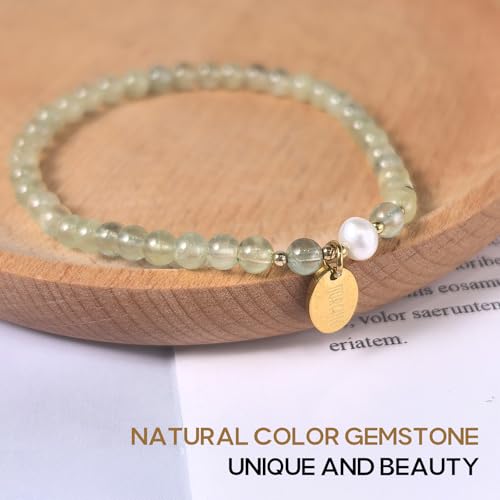 Morchic 4mm Natural Gemstone Beads Stretch Bracelet for Women, With Freshwater Pearls, Energy Gem Birthday Gift for Her 7.2” - color: Prehnite