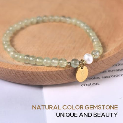 Morchic 4mm Natural Gemstone Beads Stretch Bracelet for Women, With Freshwater Pearls, Energy Gem Birthday Gift for Her 7.2” - color: Prehnite