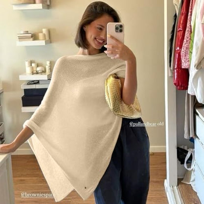 Women Sheer Poncho Top Summer Knit See Through Shrug Sweater Shawl Wrap Beach Cover Up KCSST001 - color: Beige