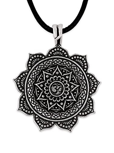 HAQUIL Mandala Flower of Life Necklace, Buddhist Lotus Flower Om Mandala Pendant, Faux Leather Cord - color: S02