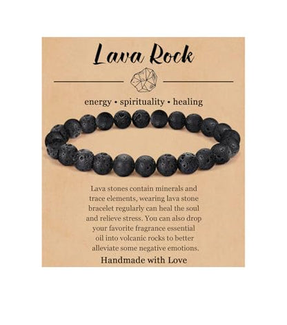 BOMAIL Natural Stone Bracelet for Women Men - 8MM Semi-Precious Gemstone Beaded Bracelet Healing Crystal Stretch Bracelet Yoga Bracelets Jewelry - color: Lava Rock