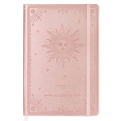 Artfan Ruled Notebook/Journal – Premium Thick Paper Faux Leather Classic Writing Notebook with Pocket + Page Dividers Gifts, Banded, Large, 144 Pages, Hard Cover, Lined (5.8 x 8.4) - The Sun - color: Rose Gold